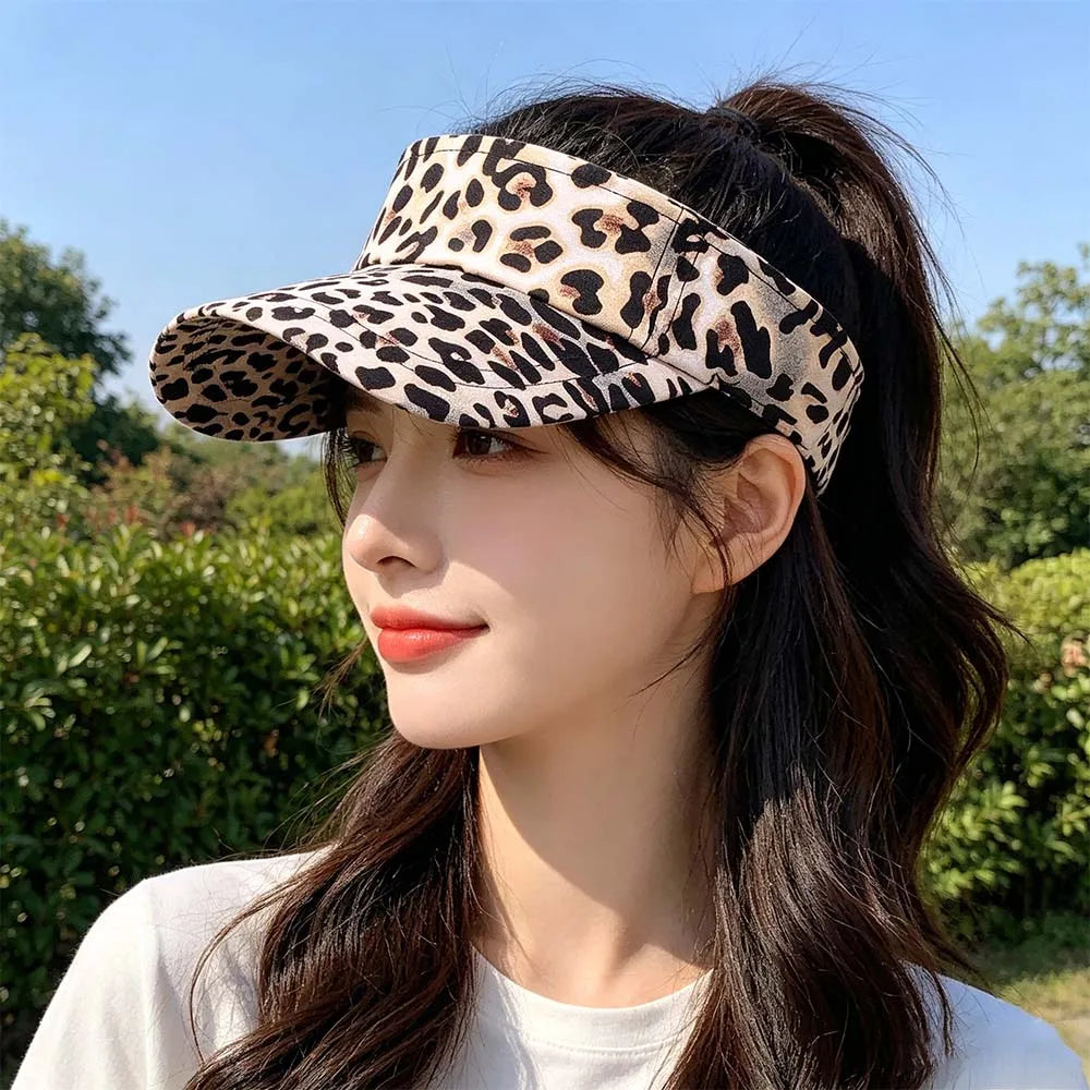Cute Korean Style Leopard Print Sun Hat Empty Top Anti-UV Sun Protection Hat Curved Brim Peaked Cap Women Sunshade Hat Sports Qme