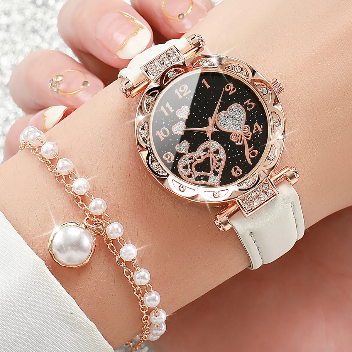5 Pcs/Set Ladies' Watch Quartz Watch Belt Strap Small and Versatile Gemstone Five Piece Set Qme