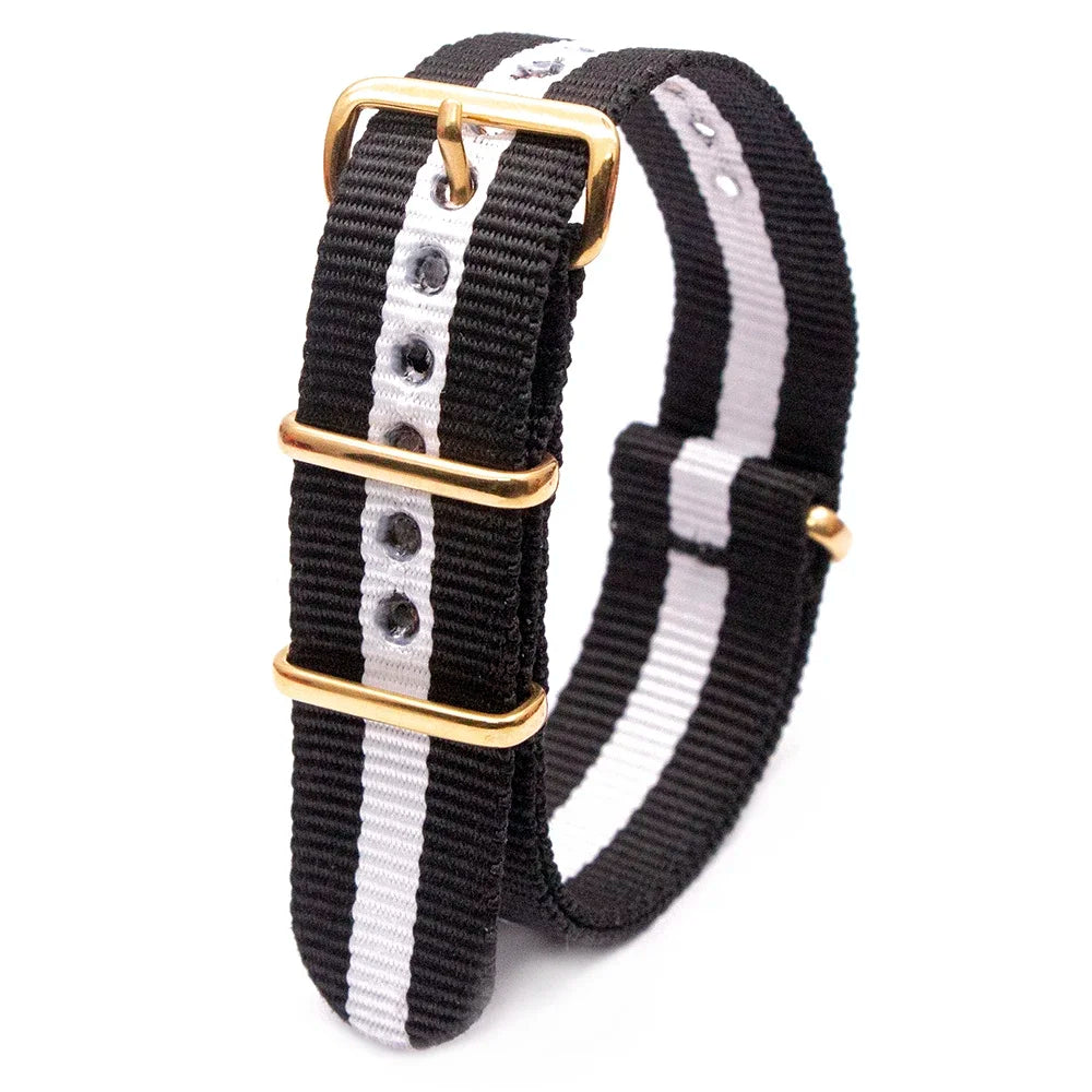 High Quality Luxury Striped Nylon Smart Watch Strap 18MM 20MM 22MM Gold Square Buckle Wear-resistant Woven Strap Qme 2Black1White 18mm