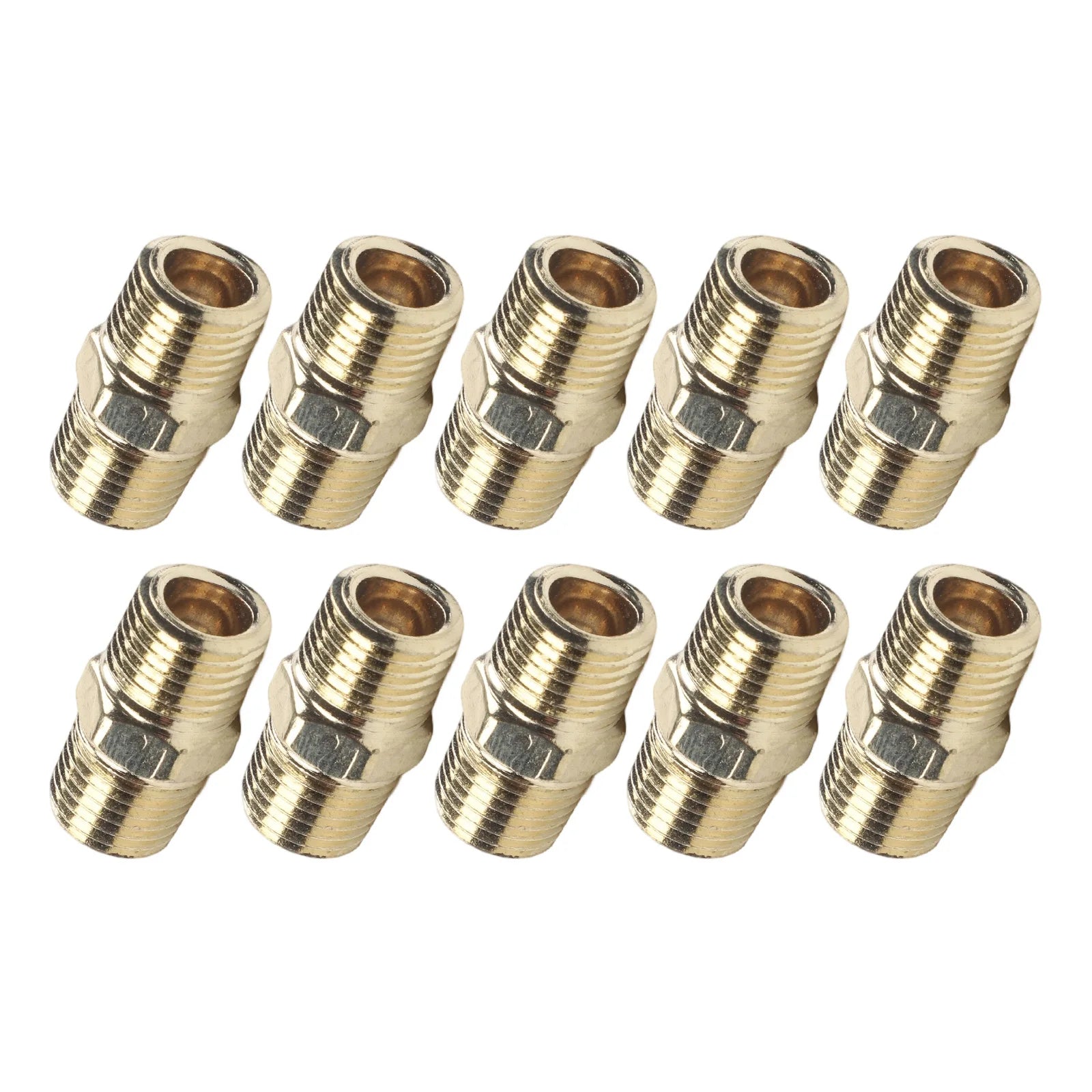 10 Pc Brass Pipe Hex Nipple Quick Coupler Adapter Connector 1/4 In For BSP Male To Male Thread Water Oil Air Connector Gold Tone Qme