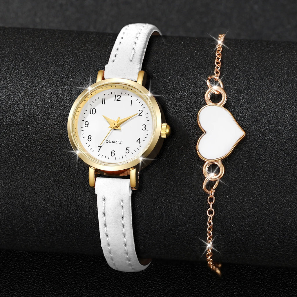 2Pcs/Set Women's Gold Jewelry Watch Set, White Dial Quartz Watch + White Heart Bracelet, Elegant Fashion Style Qme