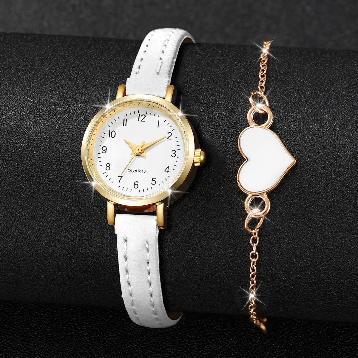 2Pcs/Set Women's Gold Jewelry Watch Set, White Dial Quartz Watch + White Heart Bracelet, Elegant Fashion Style Qme