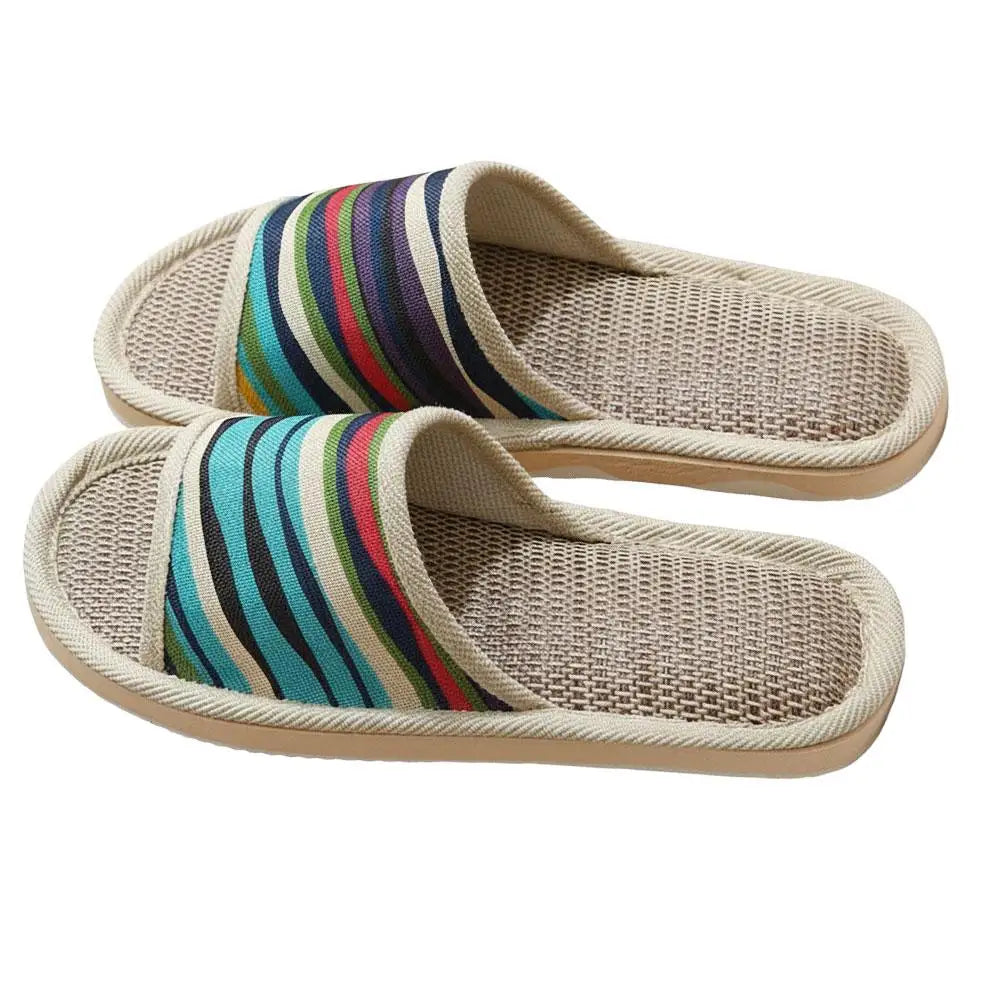 Four Season Couple's Multicolor Linen Slippers Women Indoor Striped Non-Slip Sandals Men Comfort Indoor Floor Breathable Slides Qme 39-40 Blue