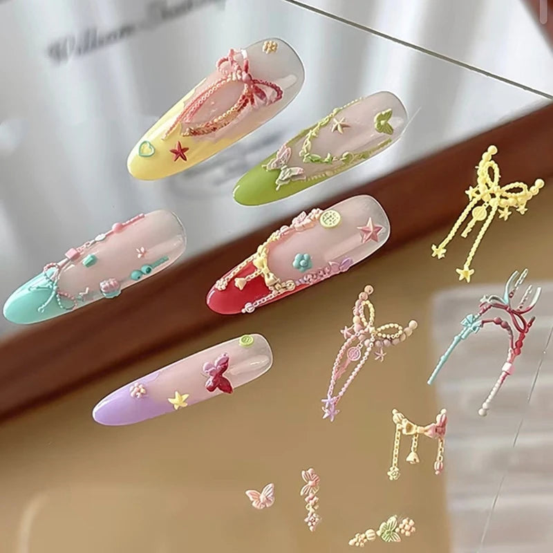 Bowknot Bead Chain Ribbon Nail Art Decorations DIY Design Silicone Qme