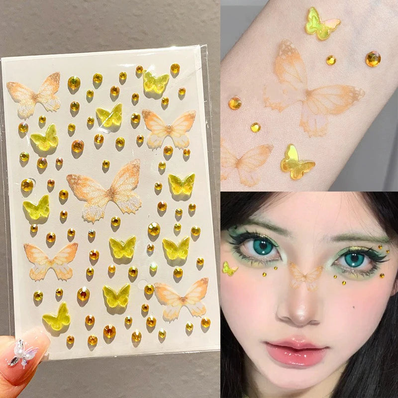 1Sheet Sparkling Butterfly Face Gems Dazzling Rhinestone Tattoos Stickers Eye & Facial 3D Fairy Gold Butterfly Stage Makeup Qme
