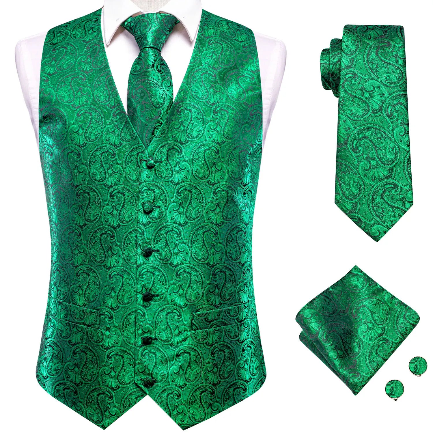 Mens Suit Vest Tie Hanky Cufflinks Jacquard Floral Paisley Waistcoat Qme MJ-3050 L