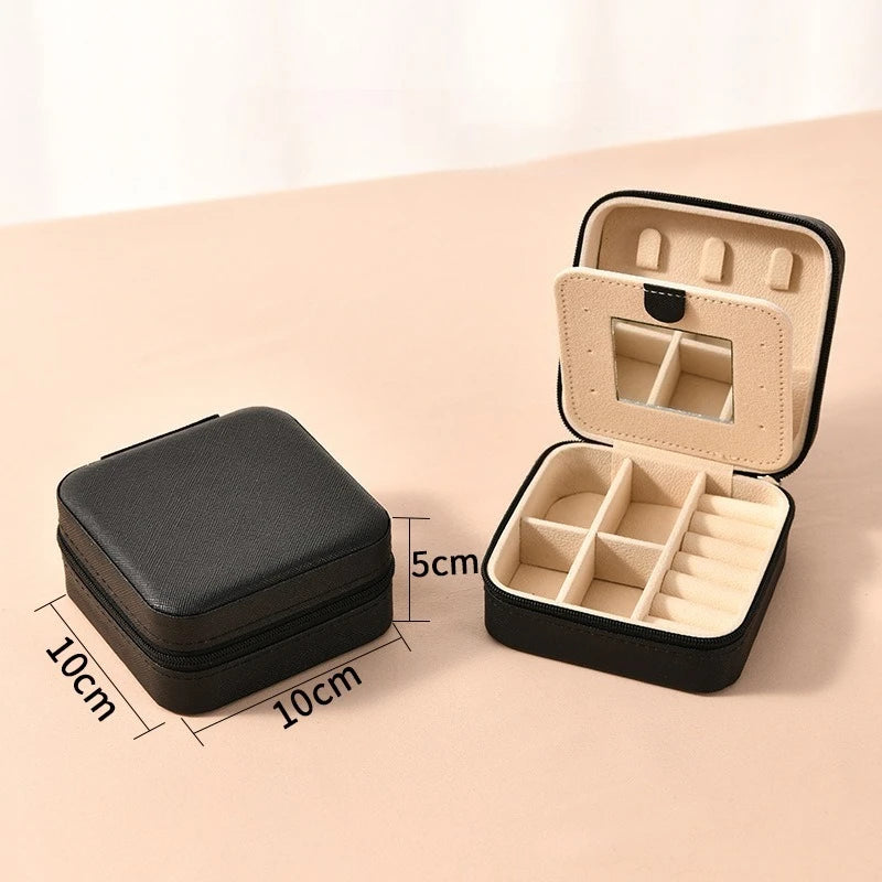 1pc Single Layer Square Storage Box Ladies Travel Leather Jewelry Box Classic Various Colors Storage Box with Mirror Qme Dark Black