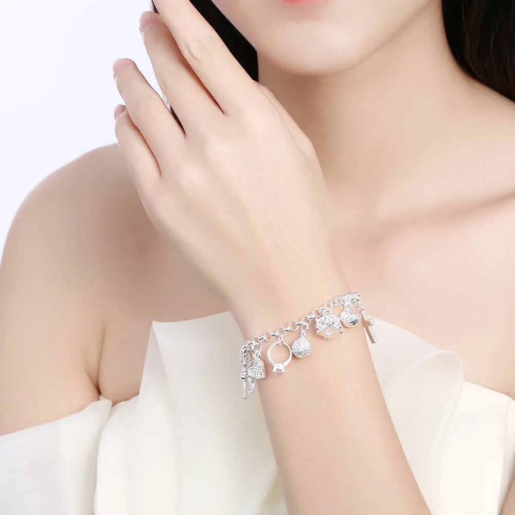 925 Sterling Silver Bracelets for Woman Men Crystal Heart Star Cross Wedding Party Christmas Gift Fashion Jewelry Qme