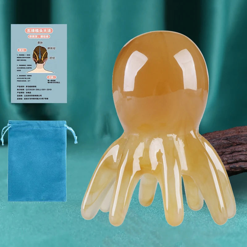 Resin Octopus Massage Comb Head Meridian Scraping Scalp Brush Qme Brown 2