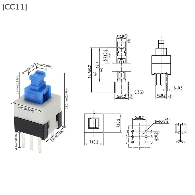 Lot Square 7x7x12mm 6 Pin DPDT Mini Push Button Flat Self-locking Qme