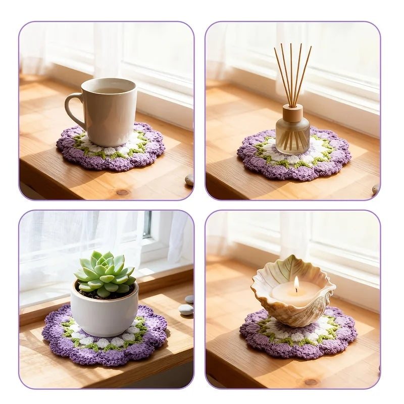Handmade Crochet Flower Coaster Purple Floral Knitted Cup Mat Absorbent Cotton Mug Pad Non-slip Table Protector Home Decor Qme