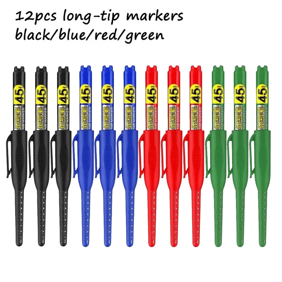 12Pcs Long Head Marker Pens, Special Oil-Based Woodworking Markers for Ceramics, 45MM Long Nib, Black/Blue/Red/Green Ink Qme 12pcs Multi-color