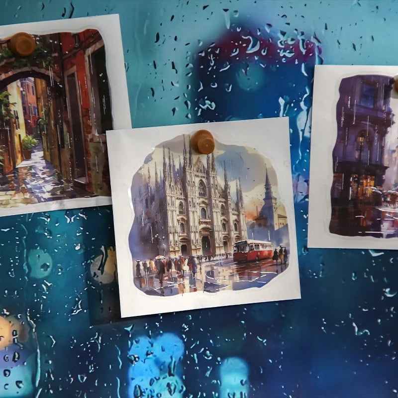 12 Sheets Rainy Walk PET Stickers for Scrapbooking Planner Journal Phone Case DIY Decoration Office School Stationery Gift Qme