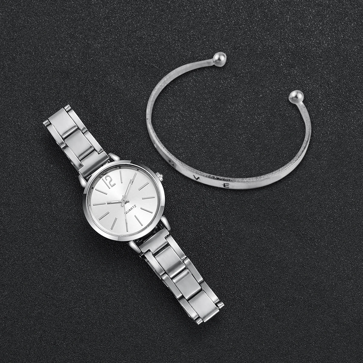 Classic Minimal Sunray Dial Women Quartz Watch Jewelry Pack, Shiny Gold Stainless Steel Watch with Engraved LOVE Cuff Bracelet Qme