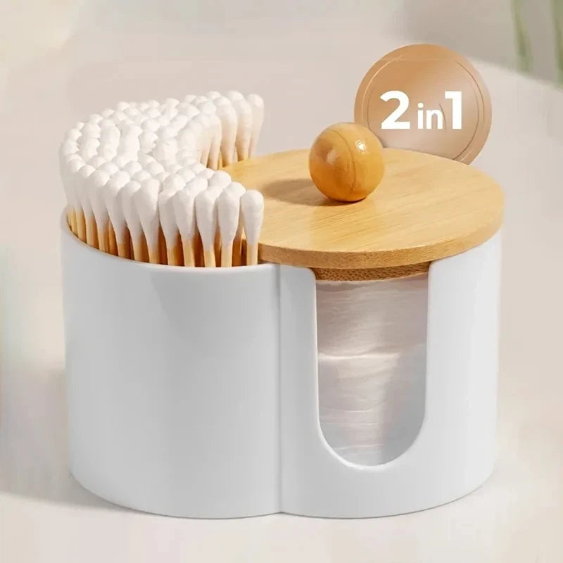 2-in-1 Cotton Swab Makeup Remover Cotton Integrated Storage Box Desktop Makeup Cotton Double Hole Storage Box Covered StorageBox Qme