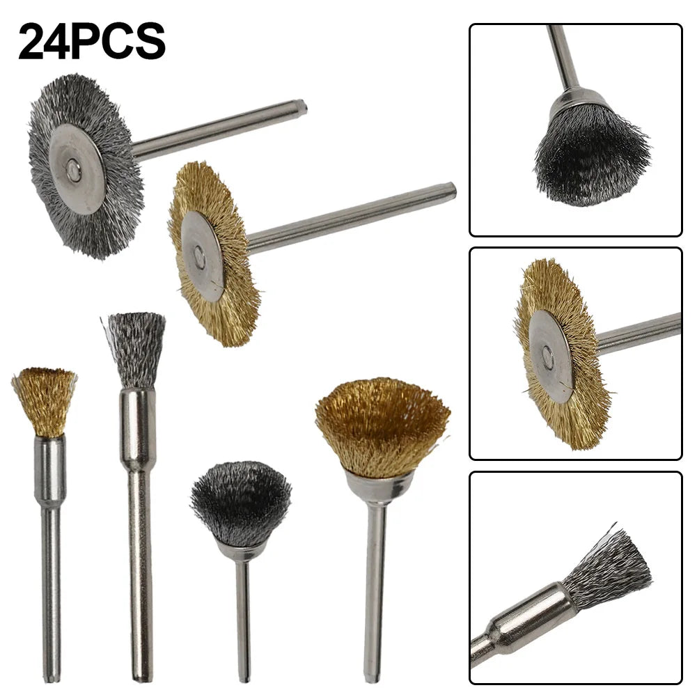 24Pcs Brass BrushSteel Wire Wheels Brushes Drill Rotary Tools Polishing For Dremel Rotary Tools Metal Rust Removal Brush Set Qme