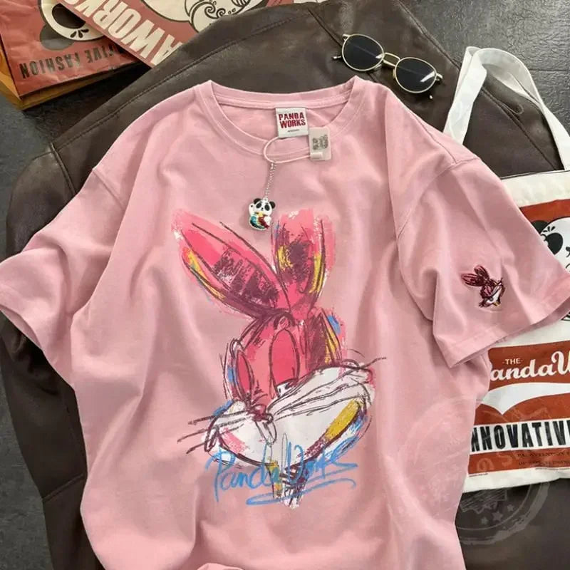 Spring New Korean Cartoon Rabbit Painting Leisure Half Sleeve Round Neck Pullover Cotton Short Sleeve T-shirt Female Qme XF XXXL