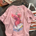 Spring New Korean Cartoon Rabbit Painting Leisure Half Sleeve Round Neck Pullover Cotton Short Sleeve T-shirt Female Qme XF XXXL