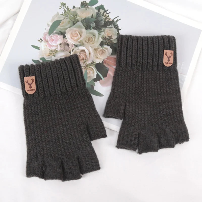 Black Winter Thick Elastic Knitted Gloves Warm Writting Office Cycling Fingerless Glove for Men Women Touchscreen Work Gloves Qme Dark Grey