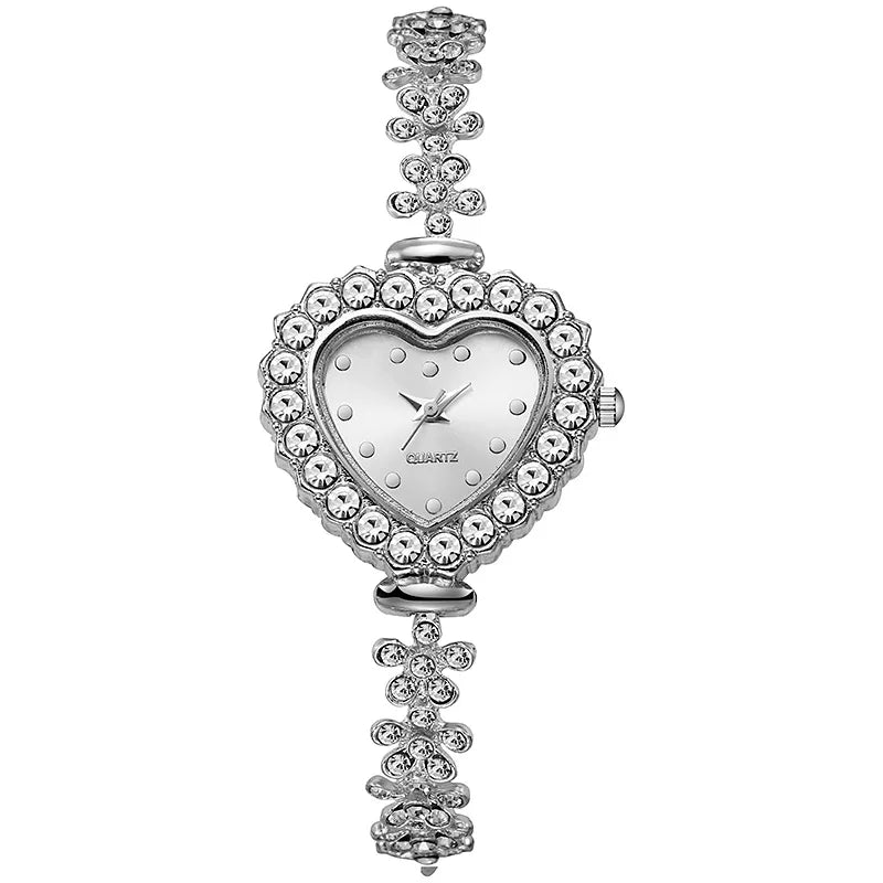 2PCS Set Women Watches Luxury Rhinestone Bracelet Ladies Heart Dial Quartz Wristwatches Dress Clock Montre Femme（Without Box ） Qme
