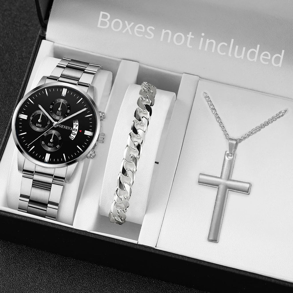 Classic Silver Tone Male Accessory Kit, Analog Chronograph Steel Band Watch with Thick Cuban Link Bracelet Cross Pendant Necklac Qme
