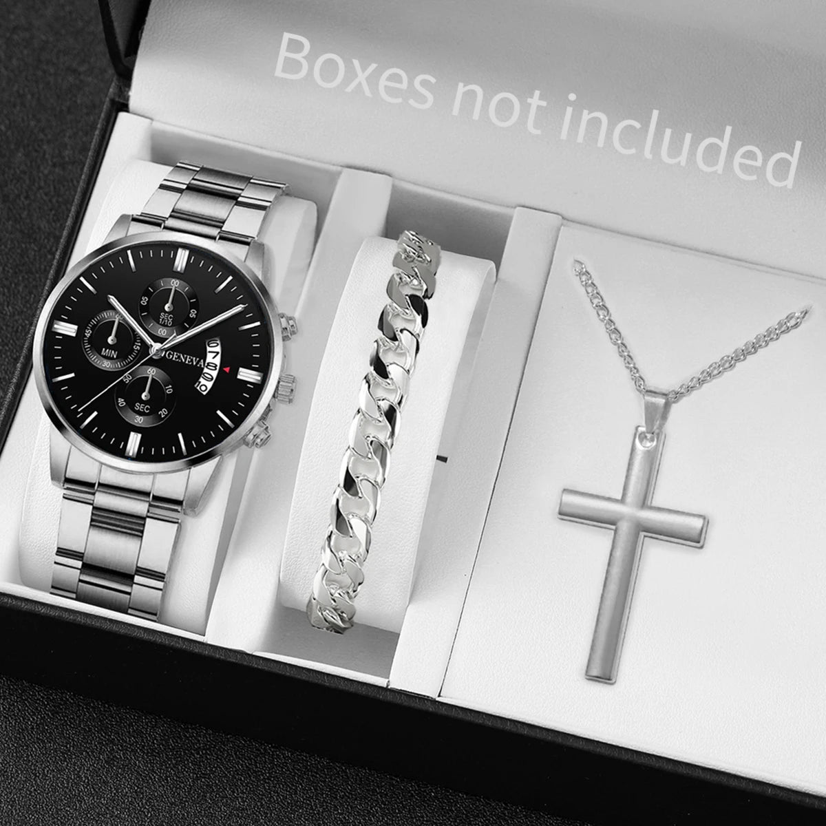 Classic Silver Tone Male Accessory Kit, Analog Chronograph Steel Band Watch with Thick Cuban Link Bracelet Cross Pendant Necklac Qme