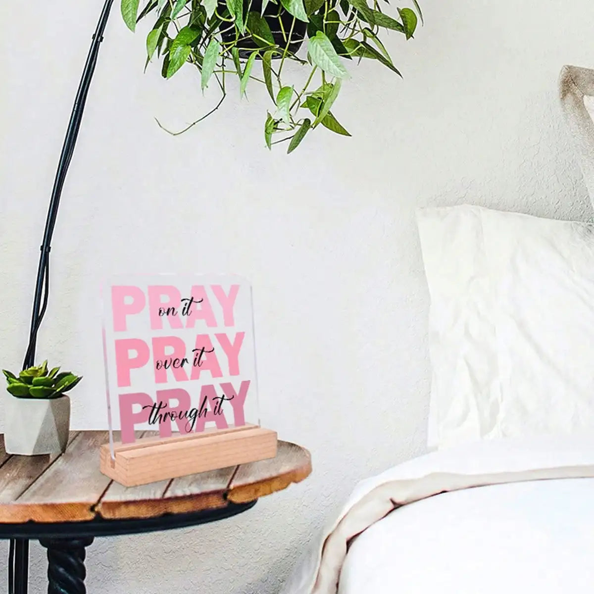 Reflect Pray Acrylic Table Plaque Wood Stand Motivational Room Qme