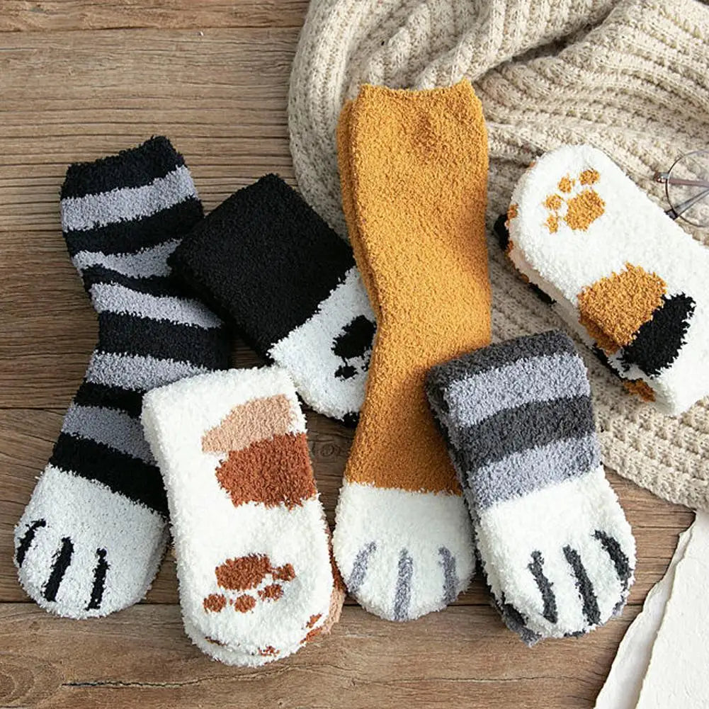 Women Winter Warm Fluffy Socks Cute Animal Claw Cat Paw Footprint Fuzzy Socks Female Thick Coral Fleece Home Floor Sleep Socks Qme