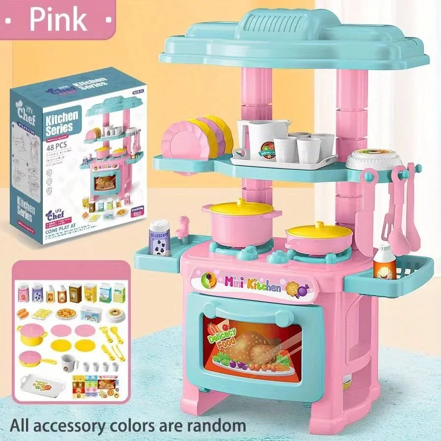 Mini Kitchen Counter Play Set DIY Simulated Cooking Food Tableware Play House Role Play Pretend Game Toy Gift Kid Boy Children Qme Pink