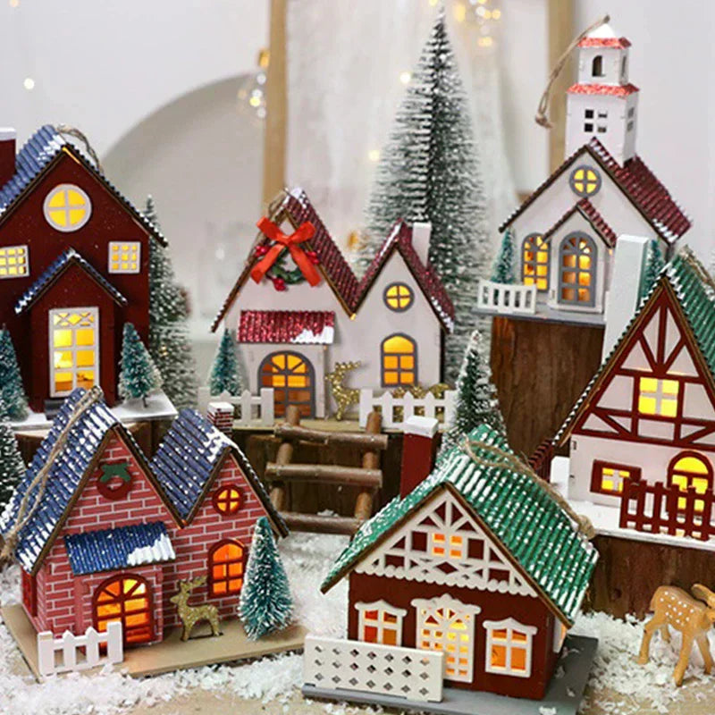 LED Wooden Christmas House Mini Xmas Snow Houses Wooden Winter Village Building Figurines Table Ornaments Holiday Party Decor Qme