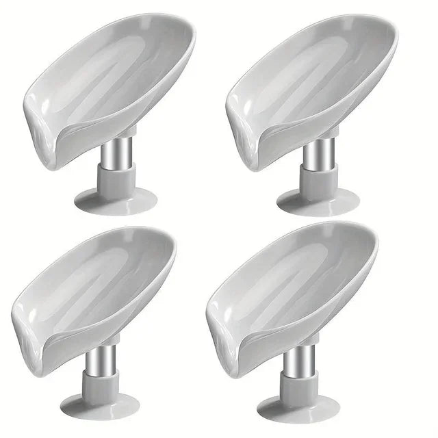 Leaf Design Drain Soap Box With Suction Cup Decorative Plastic Self Draining Bathroom Soap Tray Bathroom Organizers Storage Qme 4pcs Grey