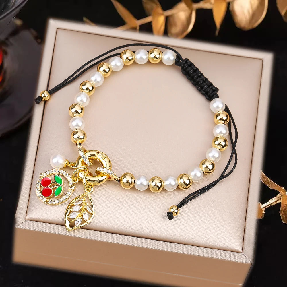 High Quality Pearl Chain Braided Crystal Cherry Adjustable Rope Bracelet Charming For Woman Girl Party Jewelry Gift Daily Wear Qme U