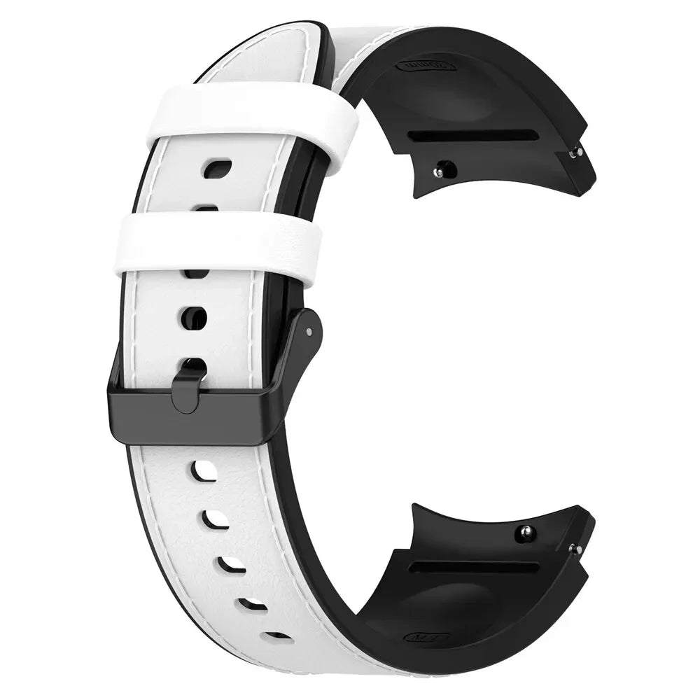 Silicone+Leather Strap For Samsung Galaxy Watch 7 6 4/5 Pro 40mm 44mm Band 6 4 Classic 47 43mm 46mm Replacement Correa Bracelet Qme White Black Galaxy Watch 6 44mm