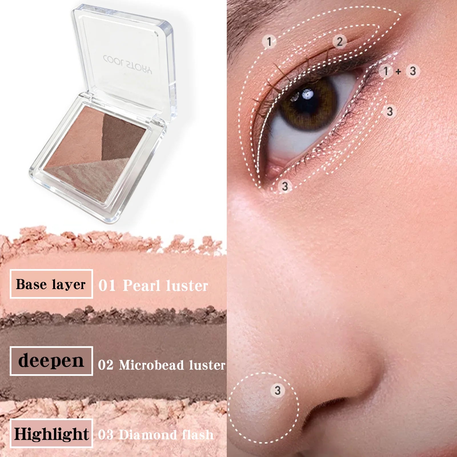 3 Color Eyeshadow Palette Pearlescent Matte Eye Shadow Diamond Flash Highlight Long-Lasting Base Deepen Brighten Eye Makeup Qme 01