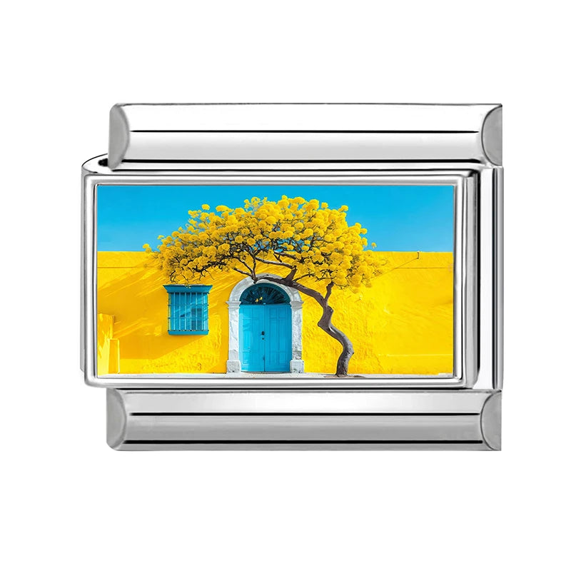 Spring Scenery Rape Flower Red Vintage Car Tree House Charms Italian Links Fit 9mm Bracelet Stainless Steel DIY Making Jewelry Qme Style 5