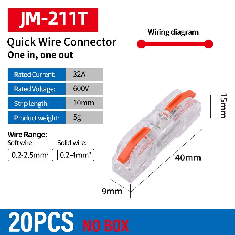 Quick Lever Wire Connectors Terminal 1-To-1 Inline Spliceable Butt Wiring Block Reusable Plug In Insulated Electrical Connector Qme T211O 20PCS