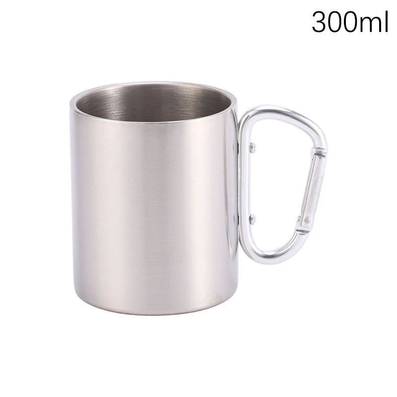 220 Camping Travel Stainless Steel Cup Carabiner Hook Handle Picnic Qme 300ML
