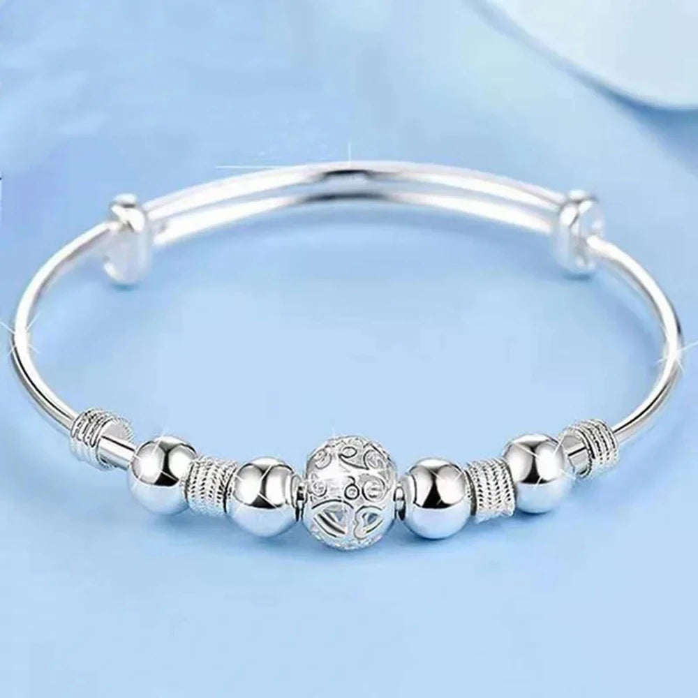 925 Sterling Silver Exquisite Beaded Bangle for Women, Stylish and Elegant Adjustable Bangle, Party Gift Accessory Jewelry Qme