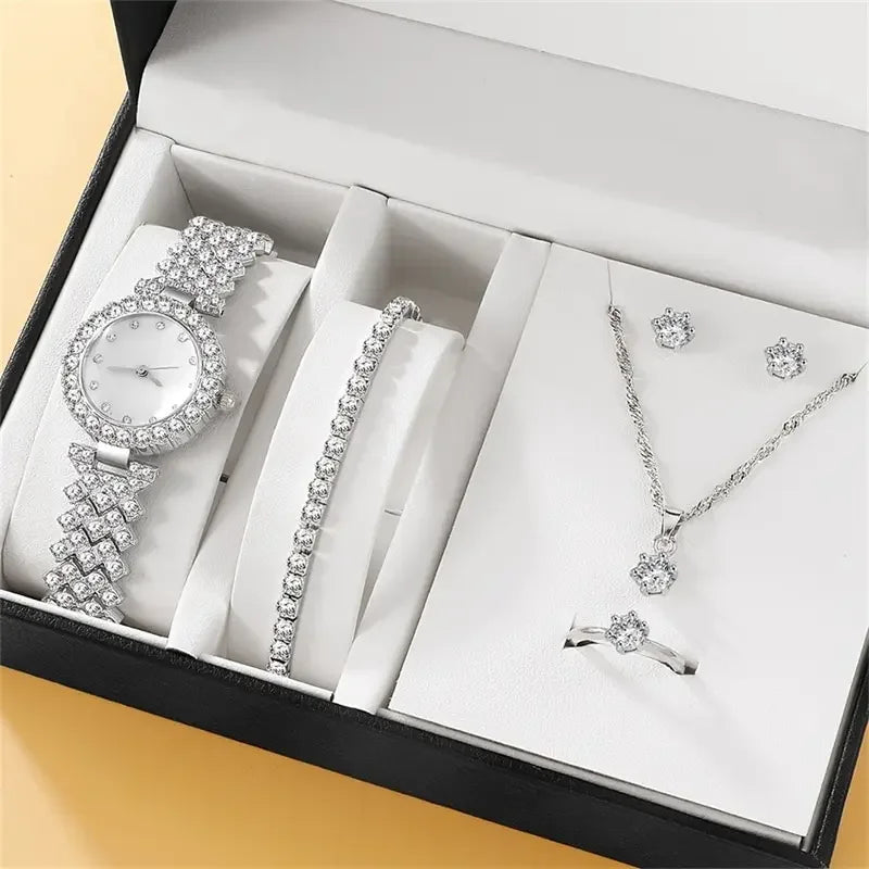 20266PCS Set Luxury Watch Women Ring Necklace Earring Rhinestone Fashion Wristwatch Casual Ladies Watches Bracelet Set Clock Qme