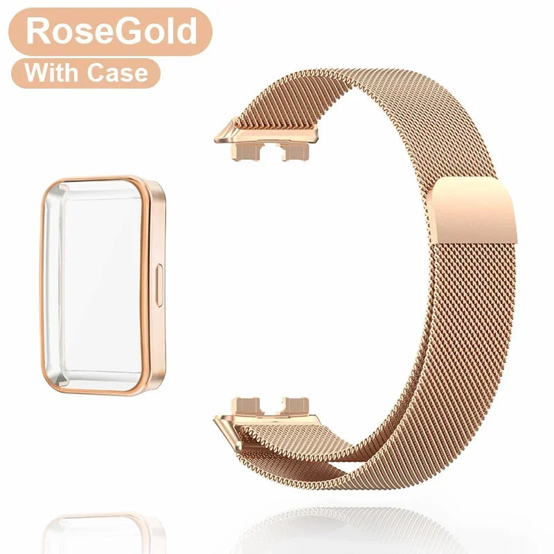 Metal Strap For Huawei Band 8 9 Bracelet With TPU Case Screen Protector Soft Film Replacement Milanese Magnetic Loop Watchband Qme RoGoldBand with Case For Huawei Band 9