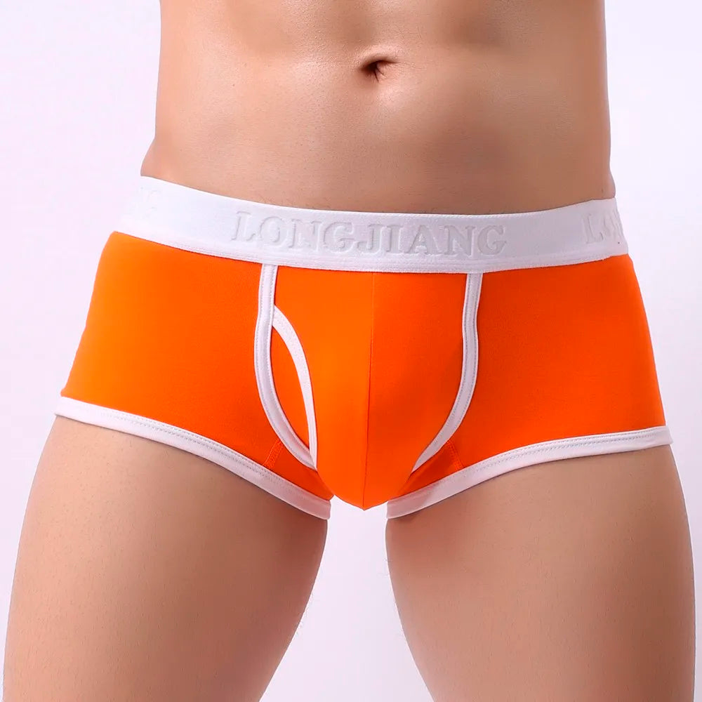 Sexy Mid Waist Breathable Pure Cotton Flat Corner Pants Solid U Convex Four Corner Underwear Briefs for Male Qme Orange XL