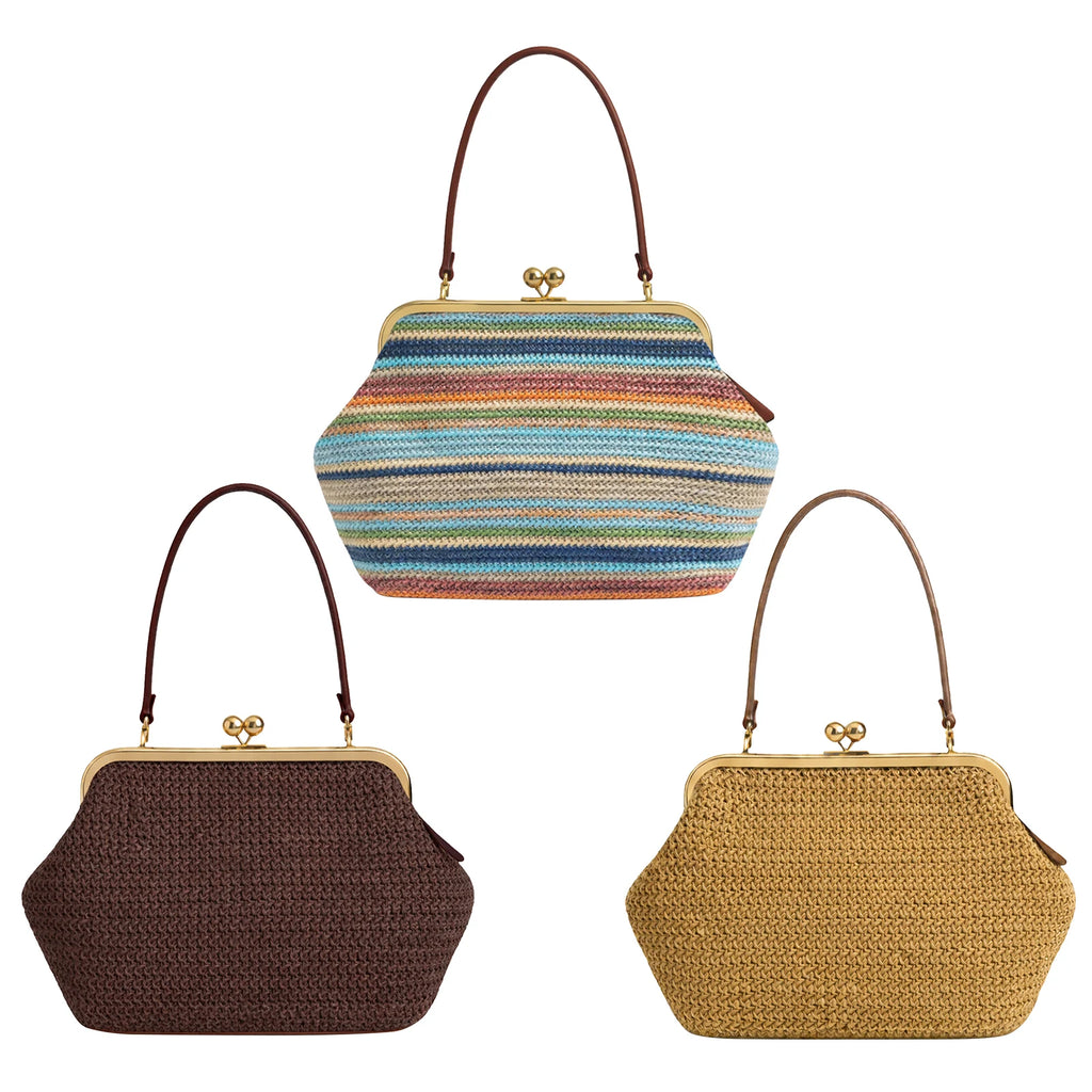 Straw Purses and Striped Handbags Boho Beach Tote Purse Woven Straw Clutch Large Capacity Kiss Clasp Shoulder Bag for Women Qme