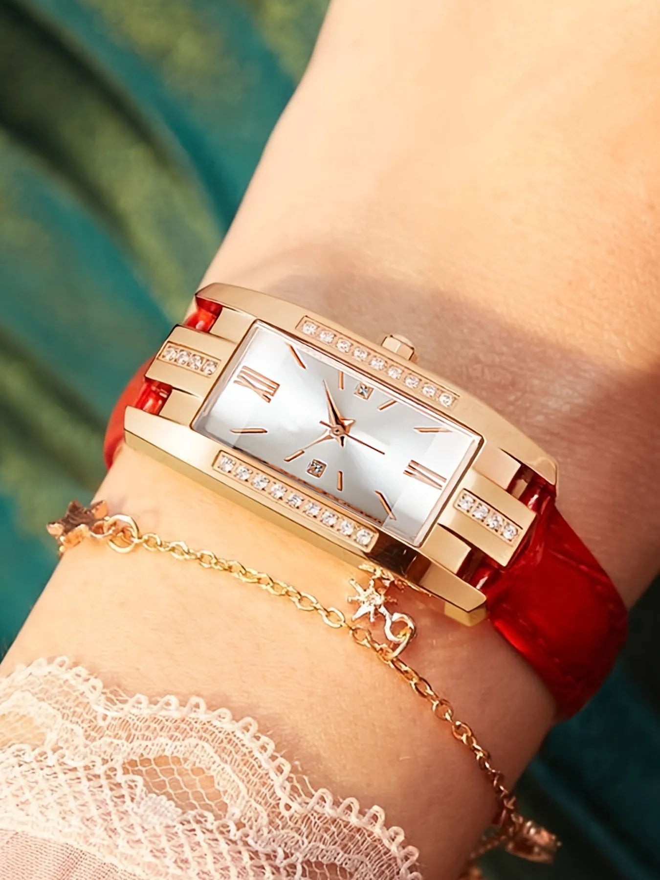 5Pcs/set Red Gold Feast - Ruby and Diamond Jewelry Watch Set Qme