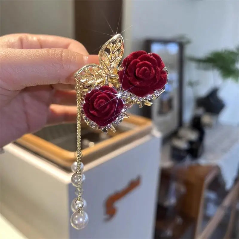Vintage Elegant Red Flocked Rose Tassel Hair Clip Stylish Ponytail Qme A2