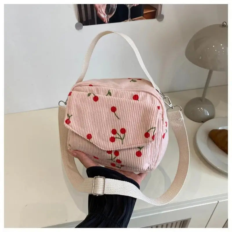 Strawberry Pattern Messenger Bags Corduroy Women's Small Shoulder Bag Teenager Girl Crossbody Bag Cute Tote Student Square Bag Qme A3