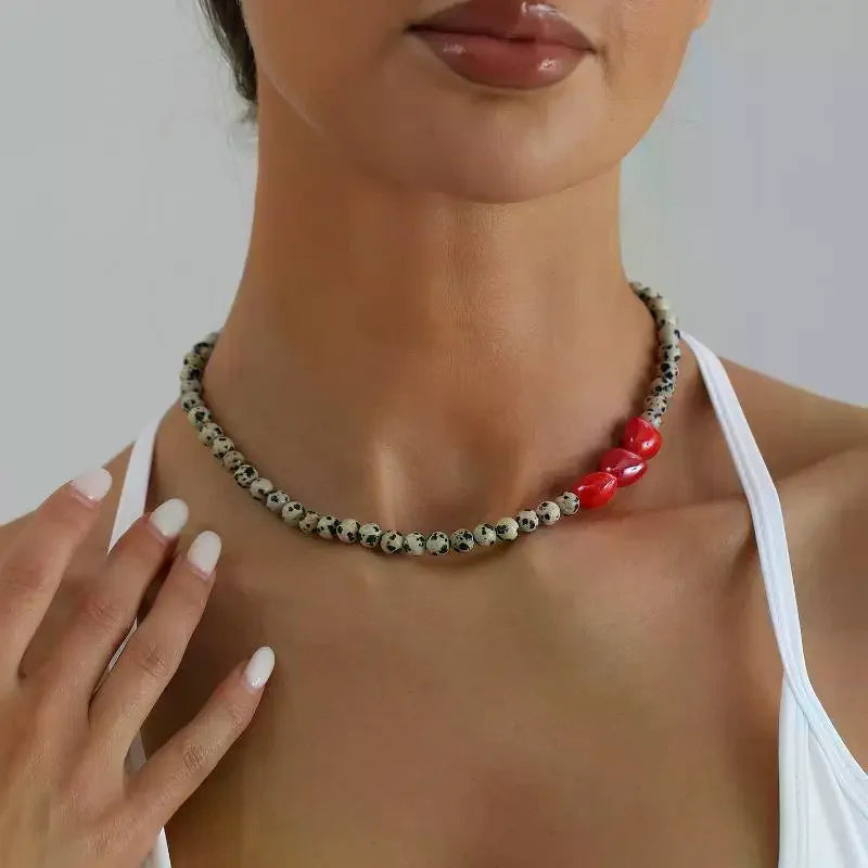 Trendy Spotted Stone Red Heart Beaded Necklace For Women Fashion Layering Qme