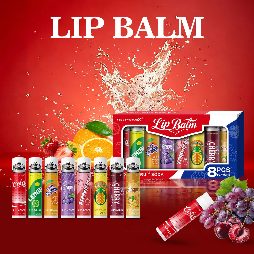 8 Pack Soda Flavor Lip Balm, Hydrating Dry Lip Treatment, Cute Design, Ideal Holiday Gift for Girls Qme