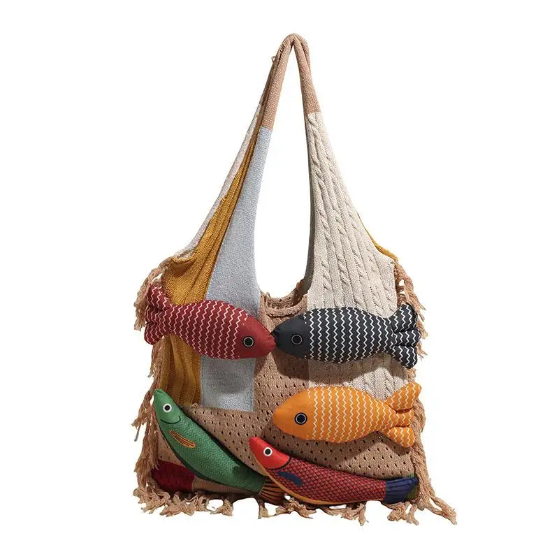 Creative Tassel Knitted Splicing Shoulder Bag Cute Little Fish Tote Qme A3