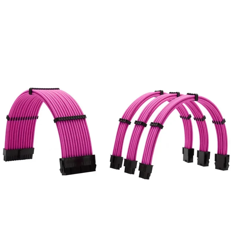 PC Case Sleeved PSU Extension Cable Kit ATX Power Cord 4 In 1 18AWG ATX 24Pin/ VGA 6+2P/ CPU 4+4Pin Transfer Extension Cord Qme Pink