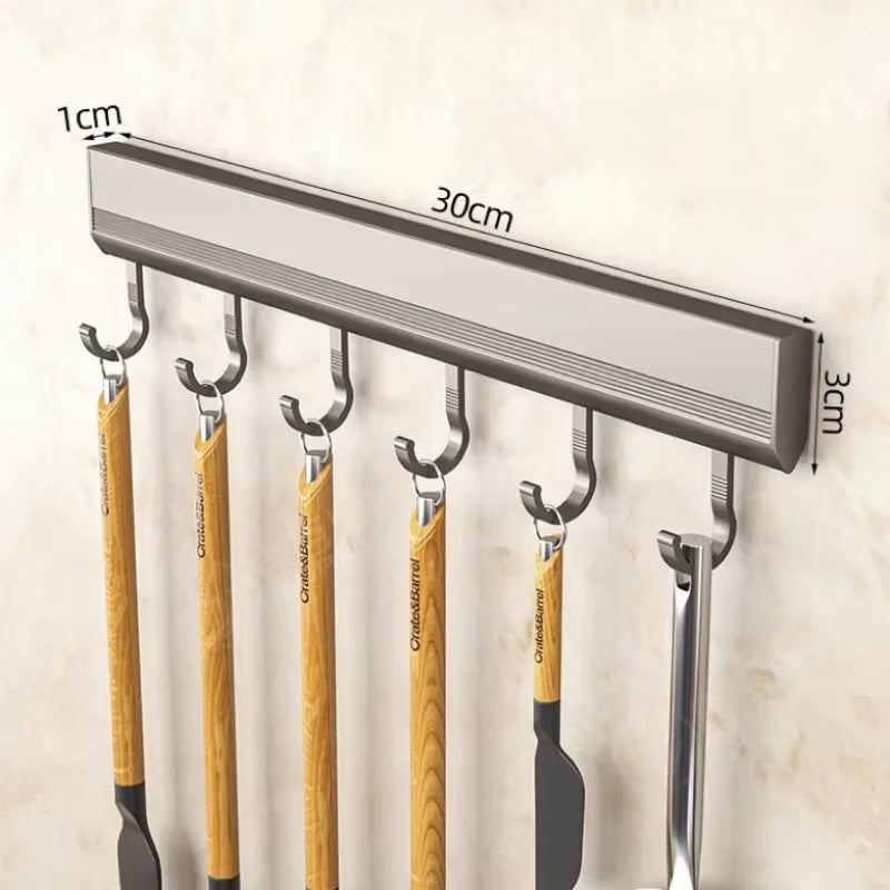Kitchen HookRack - Wall-Mounted Without Drilling - Space Aluminum Multi-Functional Storage Hooks Qme 6 Hooks
